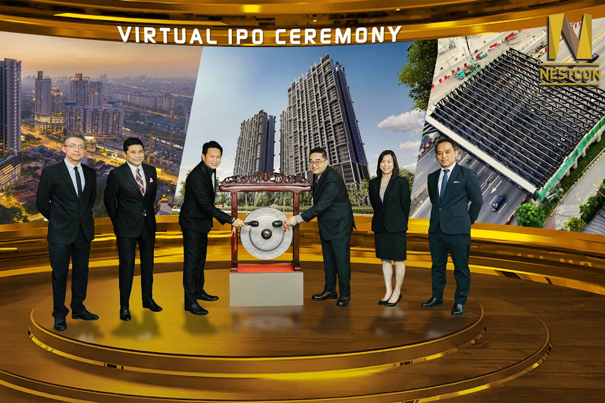 (From left) M&A Securities Sdn Bhd head of corporate finance Gary Ting, managing director of corporate finance Datuk Bill Tan, Nestcon Bhd group managing director Datuk Dr Lim Jee Gin, executive director Ong Yong Chuan, finance director Lim Joo Seng and Eco Asia Capital Advisory Sdn Bhd managing director Kelvin Khoo Chee Siang at the virtual IPO ceremony today.